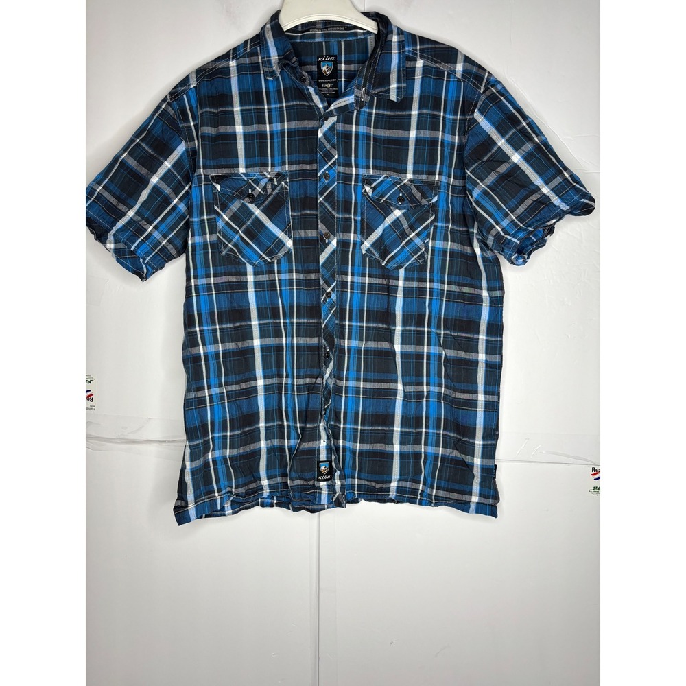 Kuhl Suncel Mens XL Blue Black Plaid Short Sleeve Button Down Hiking Shirt